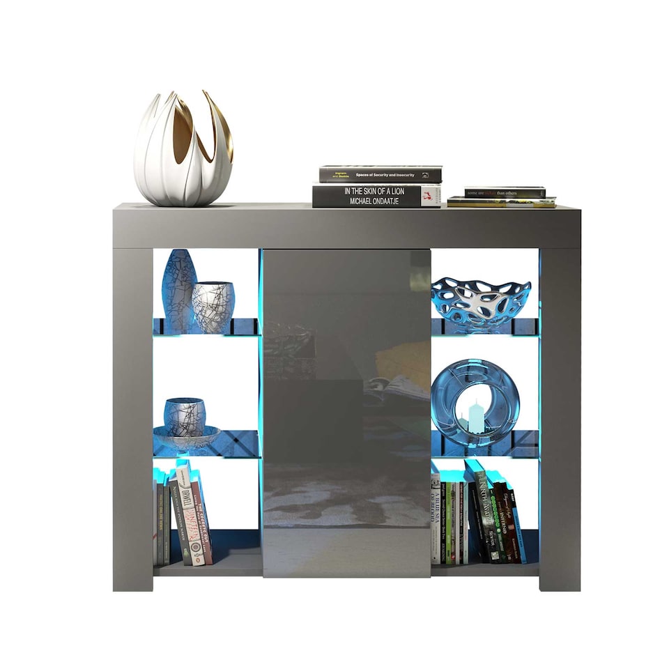 image 1 of Display Cabinet Bookcase Sideboard Storage Cabinet Cupboard Grey High Gloss LED 97.5cm