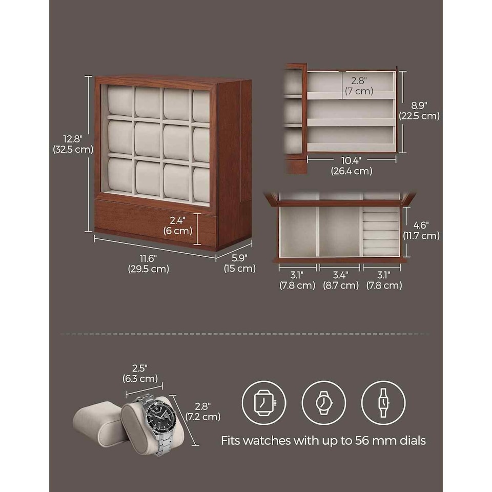 image 1 of Wooden Watch Box with 12 Slots, Glass Display Lid, Vertical Watch Storage Case, Coffee Brown