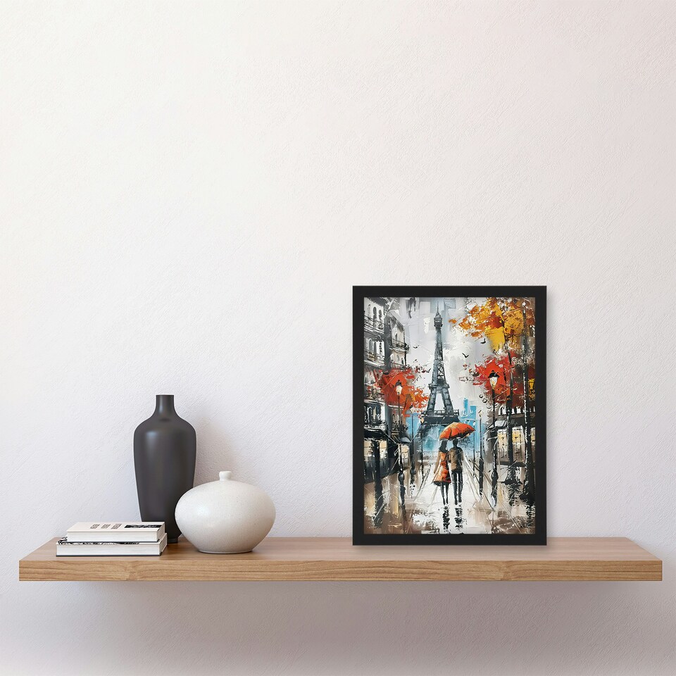 image 1 of Umbrella Lovers Abstract Autumn Paris Home Decor Black Framed Wall Art Print A4