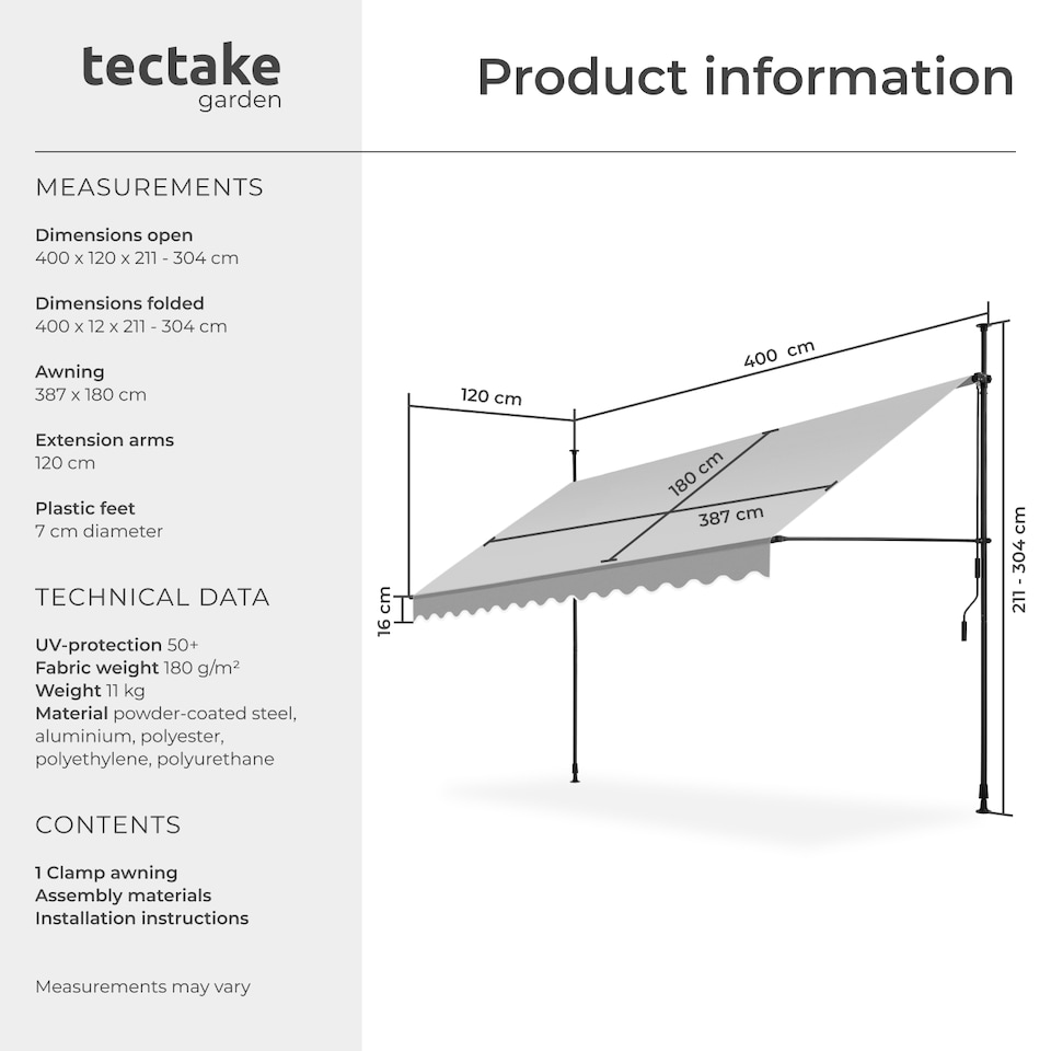image 1 of Awning with hand crank - pressure fitted , height adjustable | Grey | light grey | 400 x 180 cm | 1