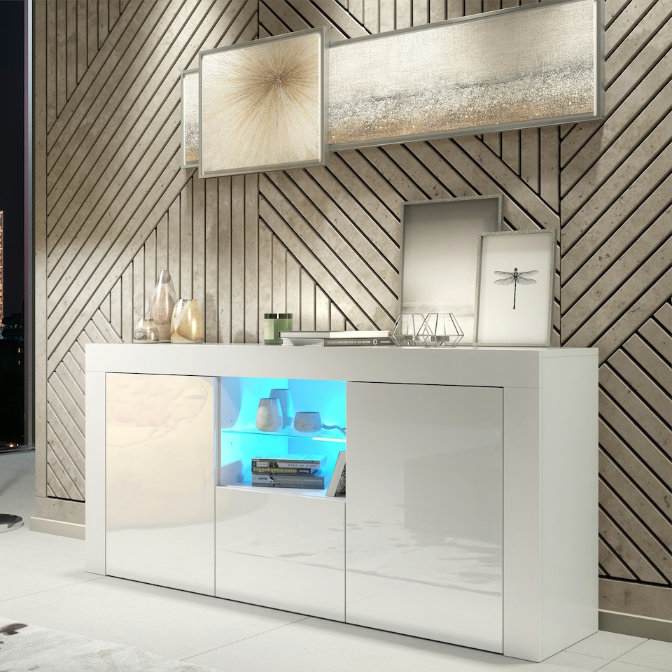 image 1 of White TV Unit 145cm Gloss Doors Free LED Modern Media Cabinet White