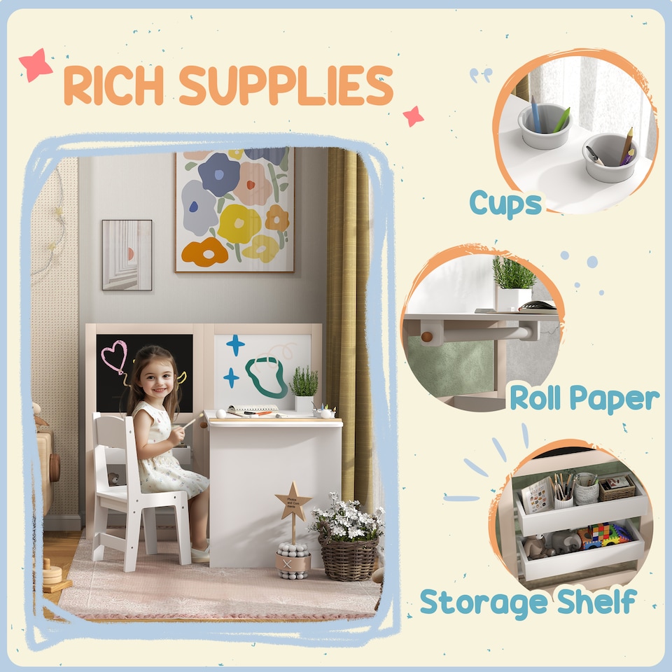 image 1 of AIYAPLAY 3 in 1 Kids Art Table and Chair Set with Storage Shelves, Foldable Blackboard, Whiteboard & Roll Paper, Toddler Table and Chair Set for 3-8 Years, White