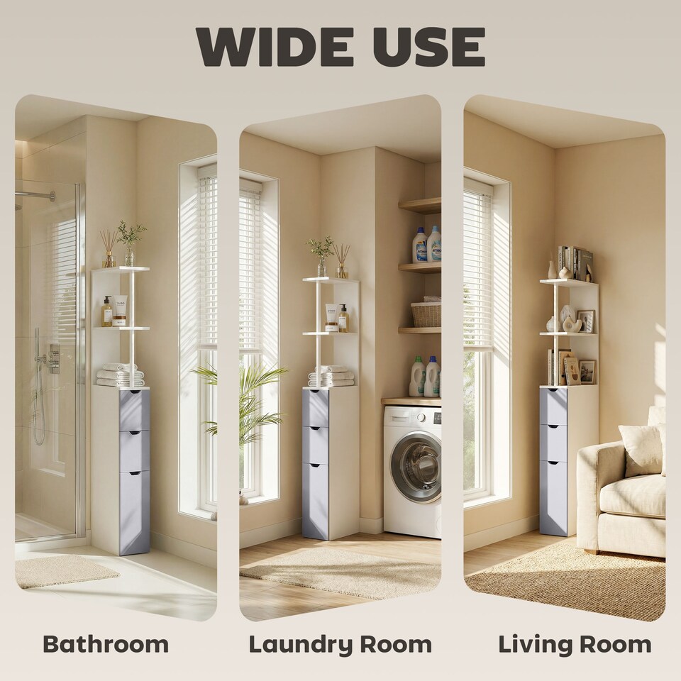 image 1 of HOMCOM Tall Bathroom Storage Cabinet with Shelf and Drawers, White, Grey