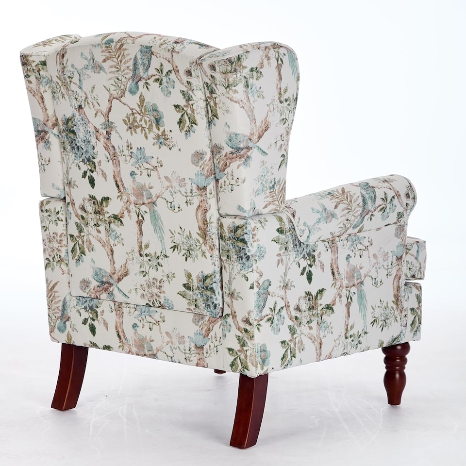 Wingback Armchair, Bird Pattern Retro Accent Chair Soft Padded Fabric ...