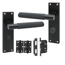 Golden Grace Victorian T-Bar Knurled Bathroom Lock Door Handle Set Matt Black Finish with Spindle and Screws - 150mm