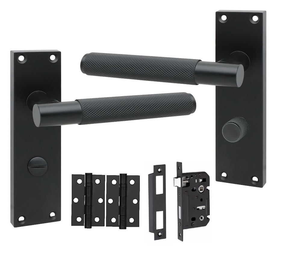 image 1 of Golden Grace Victorian T-Bar Knurled Bathroom Lock Door Handle Set Matt Black Finish with Spindle and Screws - 150mm