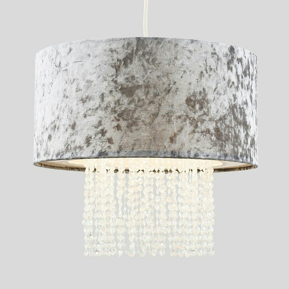 image 1 of ValueLights Silver Velvet Cylinder Ceiling Pendant Light Shade With Clear Acrylic Droplets