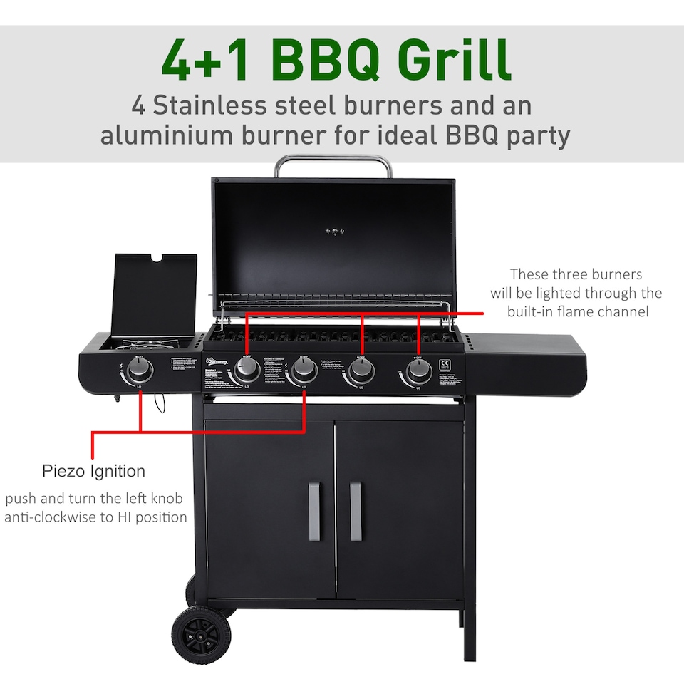 image 1 of Outsunny Gas BBQ Grill 4 + 1 Stainless Steel Burner Garden Barbecue Cooker | Black | Black | One Size