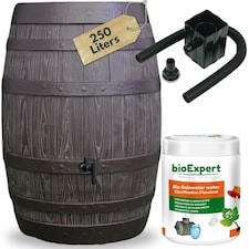 Water Butt Kit with Tap, Diverter & Bio Cleaner – Rainwater Collector for Garden, Balcony & Terrace – Durable Plastic Water Storage Tank | Brown | 250L