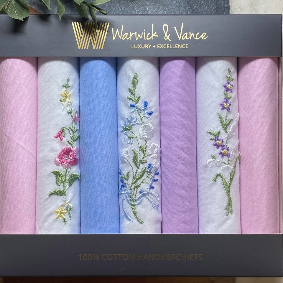 image 1 of Warwick & Vance Pack Of 7 Ladies Handkerchiefs with Floral Embroidered Designs