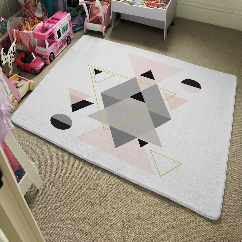 image 1 of Pink & Grey Geometric Triangles (Rug) Multi | Large: 140x200cm