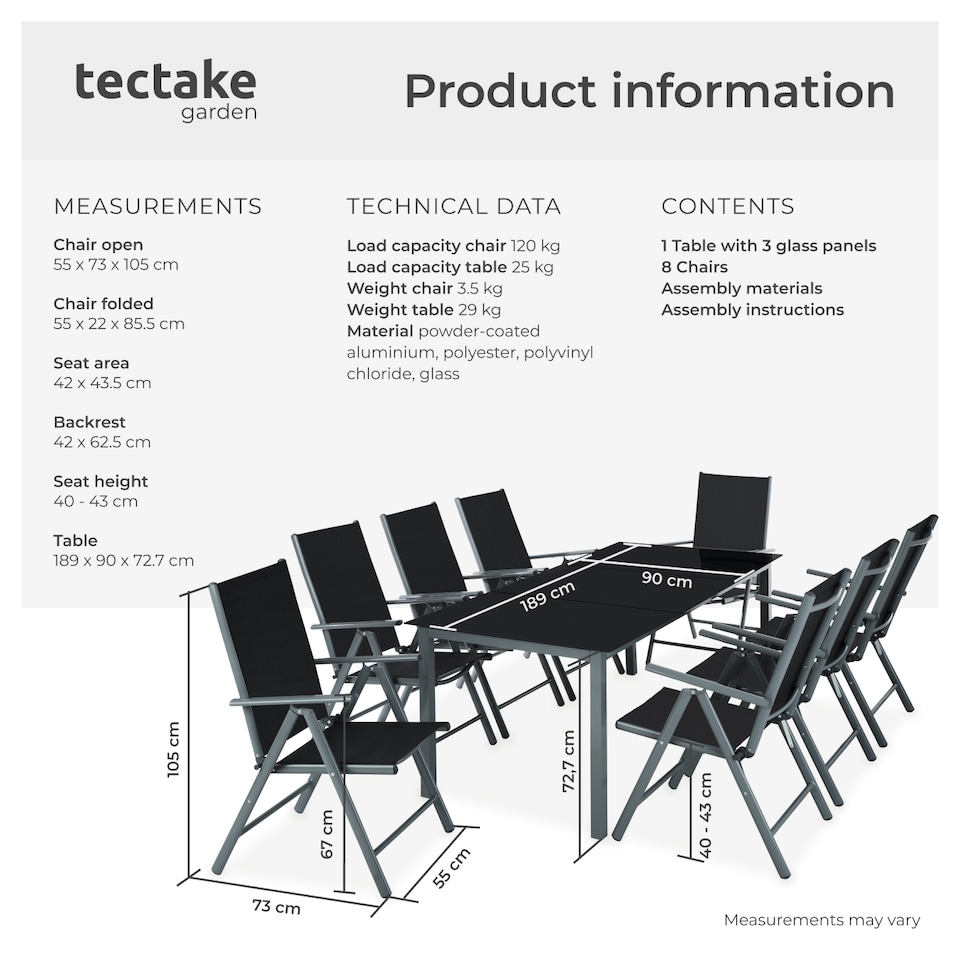image 1 of Garden Table and Chairs Pompeii - for 8 people, aluminium frame, adjustable backrests | Grey | anthracite | 189 x 90 x 72,70 cm | 1