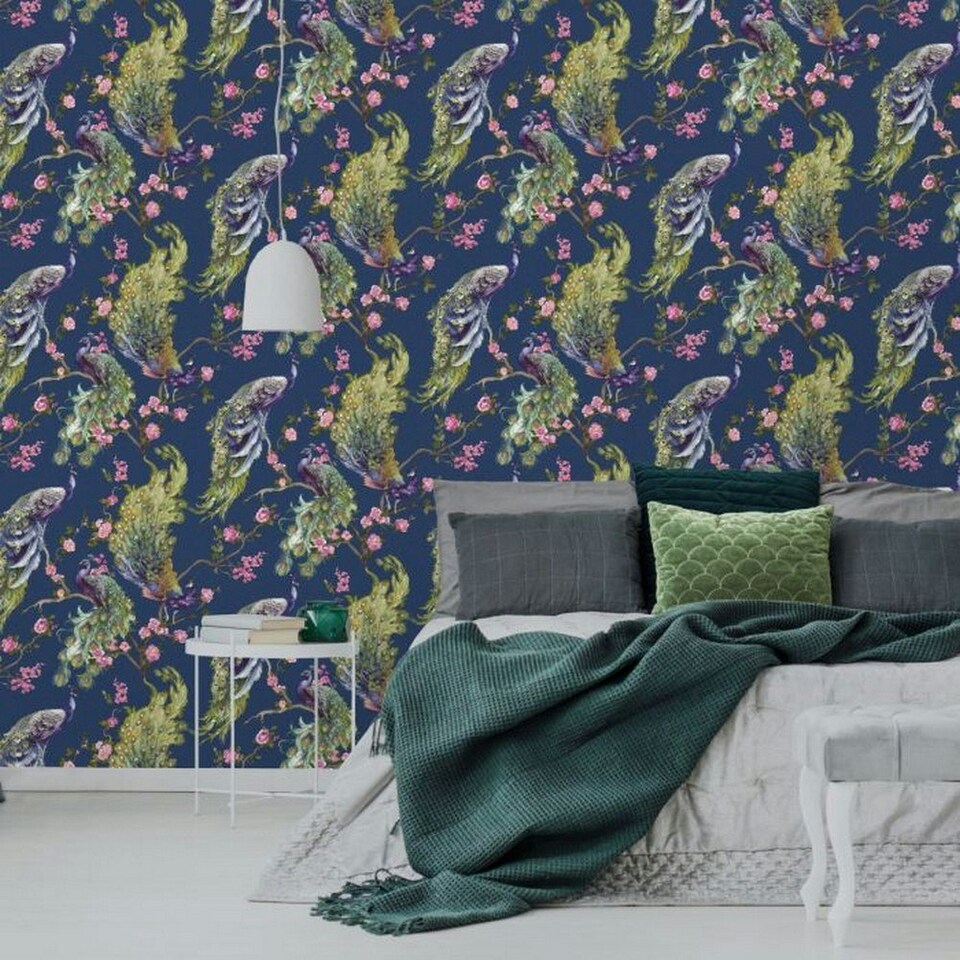 image 1 of Holden Décor Menali Peacock Textured Wallpaper - Blue - 10m x 53cm Blue
