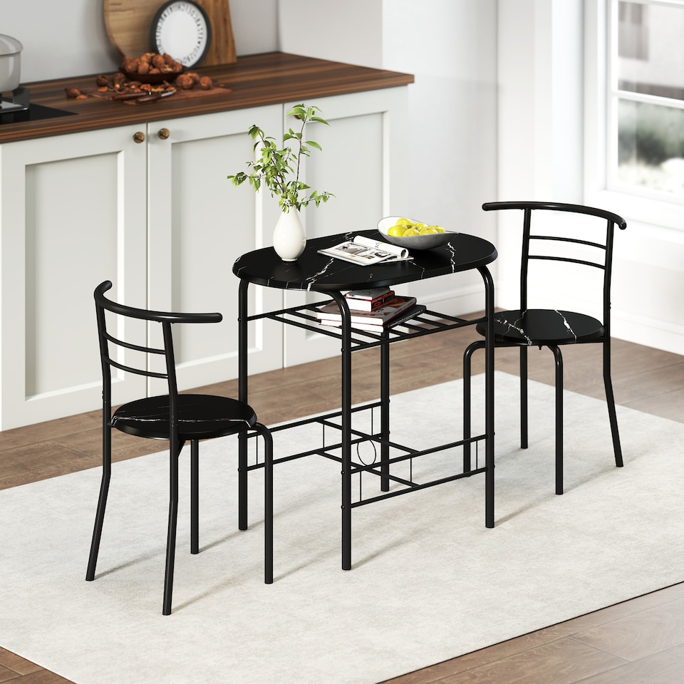 image 1 of HOMCOM Breakfast Bar Table and Stools Set, Dining Room Set with Shelf, Black | Black | Black