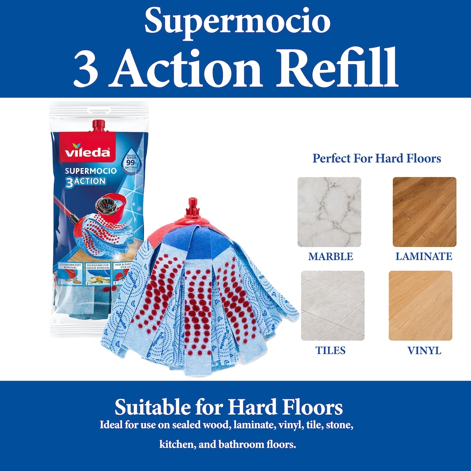 image 1 of Vileda SuperMocio 3 Action Mop Refill Microfibre Floor Cleaning Replacement Head