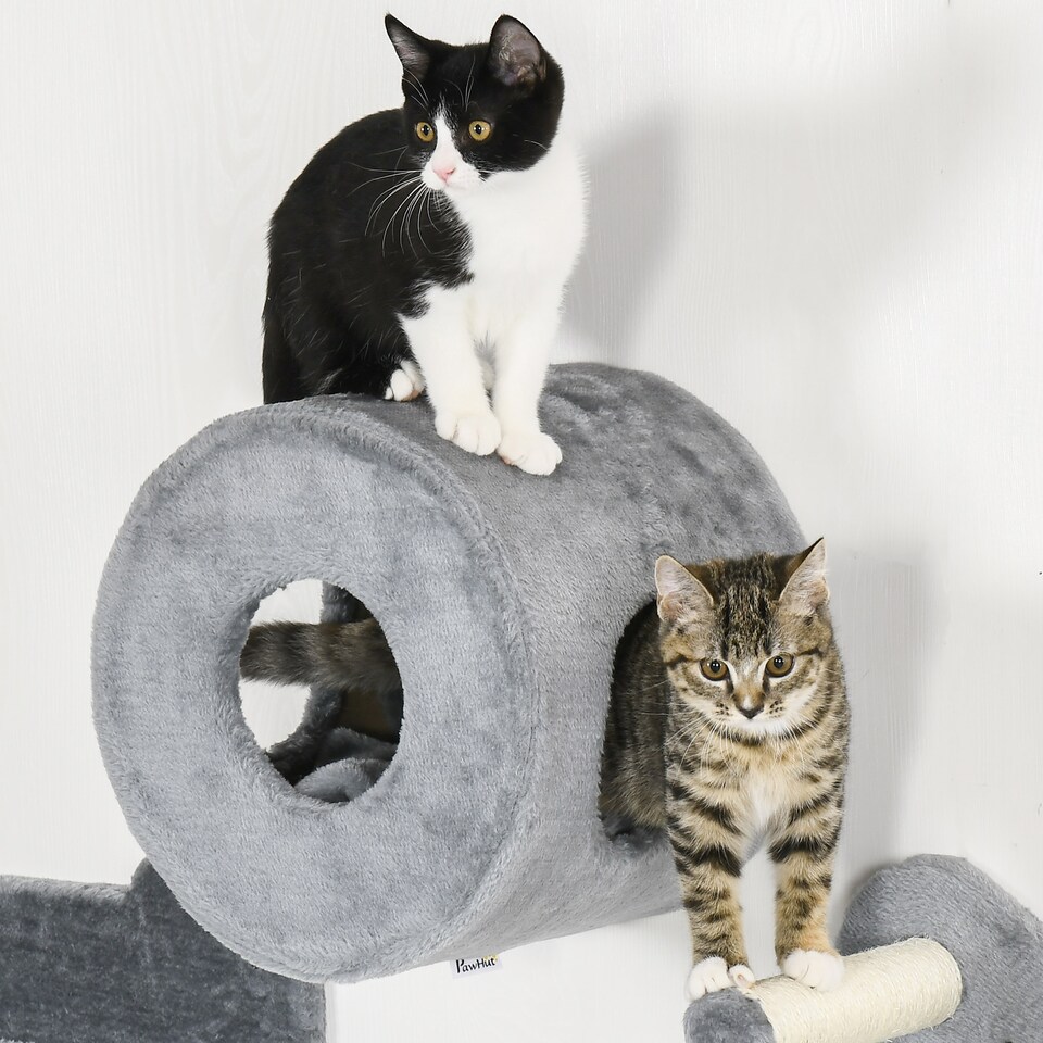 image 1 of PawHut 4PCs Wall Mounted Cat Tree, Cat Wall Furniture with Platforms, Steps, Scratching Post, Perch, Kitty House for Indoor Kittens - Grey