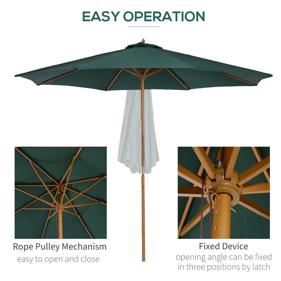 image 1 of Outsunny Wooden Garden Parasol with Rope Pulley Mechanism Dark Green