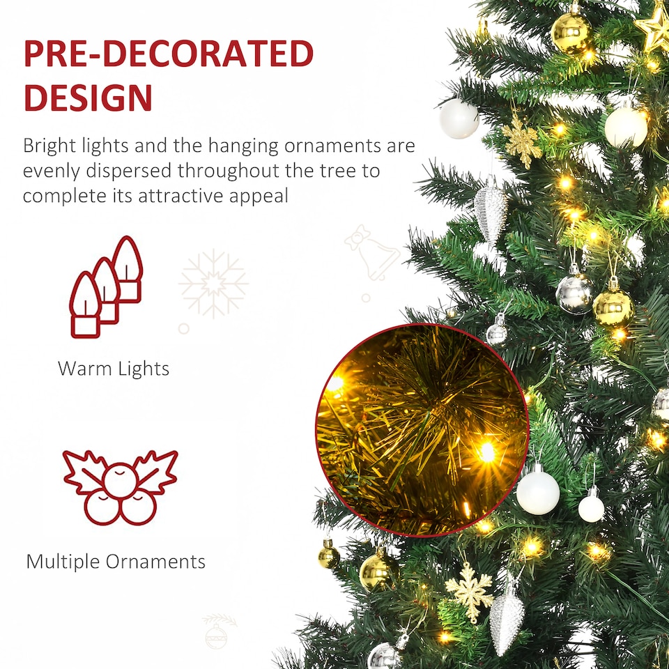image 1 of HOMCOM 1.8m 6ft PreLit Artificial Christmas Tree 200 LED Xmas Tree Holiday Decor with Decorative Balls Ornament Metal Stand