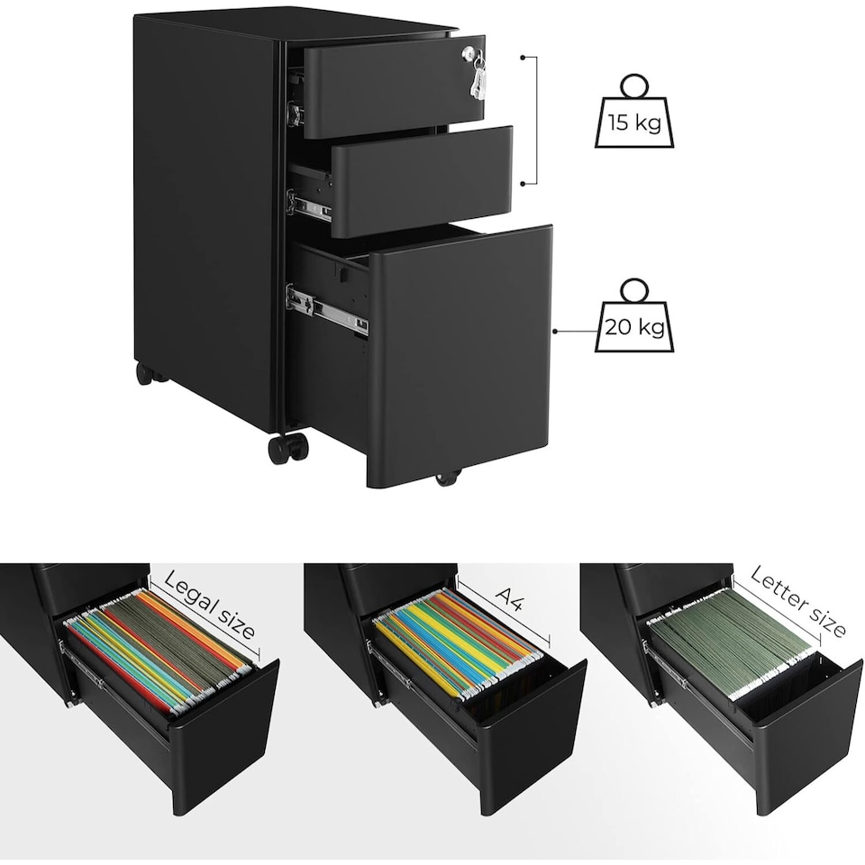 image 1 of Lockable Mobile File Cabinet with Wheels, Pre-Assembled Office Storage for Hanging Documents, Black