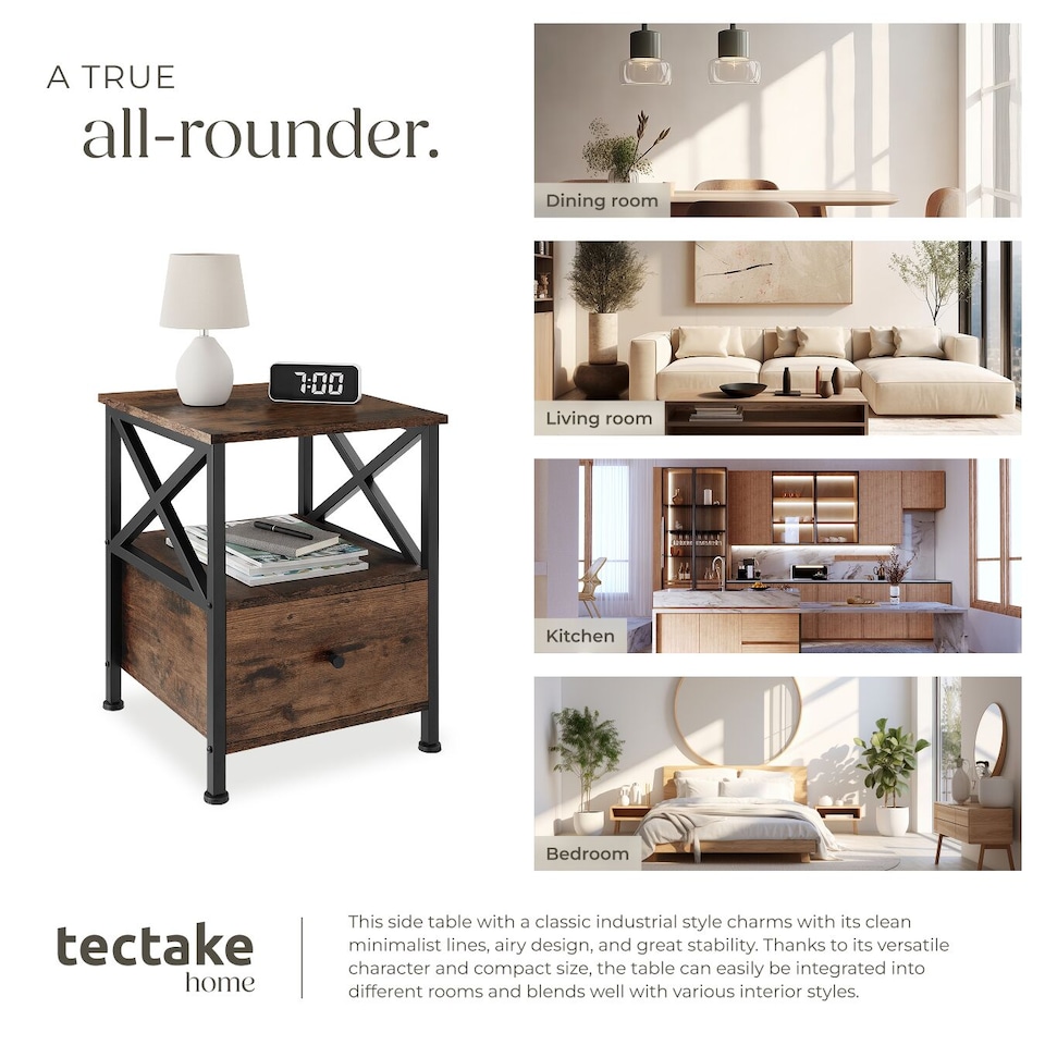 image 1 of Bedside Table Falkirk - 2 shelves and a drawer | Brown | Industrial wood dark, rustic | 41,50 x 40 x 55,50 cm | 1