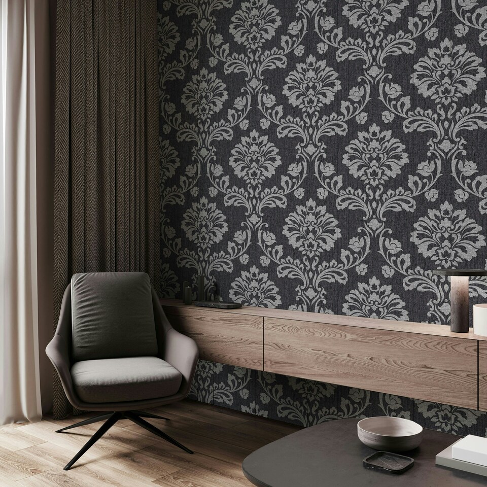 image 1 of Transform Peel & Stick Small Damask Black Self-Adhesive Wallpaper Black | Grey
