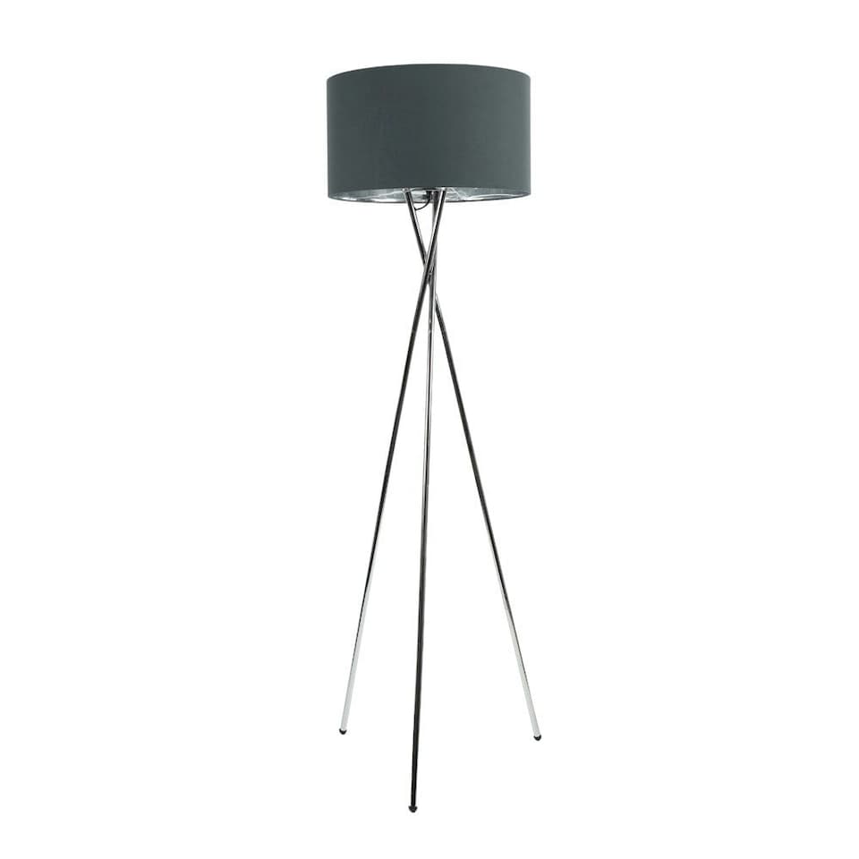 image 1 of ValueLights Camden Chrome Tripod Floor Lamp Charcoal & Silver Shade & Bulb | Grey