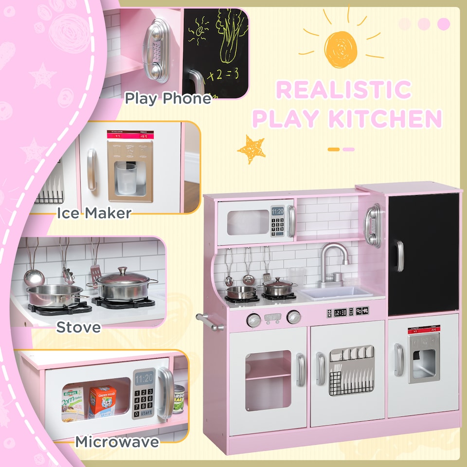 image 1 of AIYAPLAY Play Kitchen, Kids Kitchen Playset Toy with Chalkboard, Toy Phone, Microwave, Ice Maker, Cooking Stoves, Sink, for Boys Girls Ages 3-8 Years, Pink | Pink | Pink