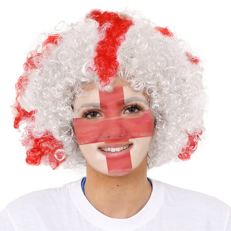image 1 of Pack of 6 England Curly Wig & Red and White Face Paint Red | One Size