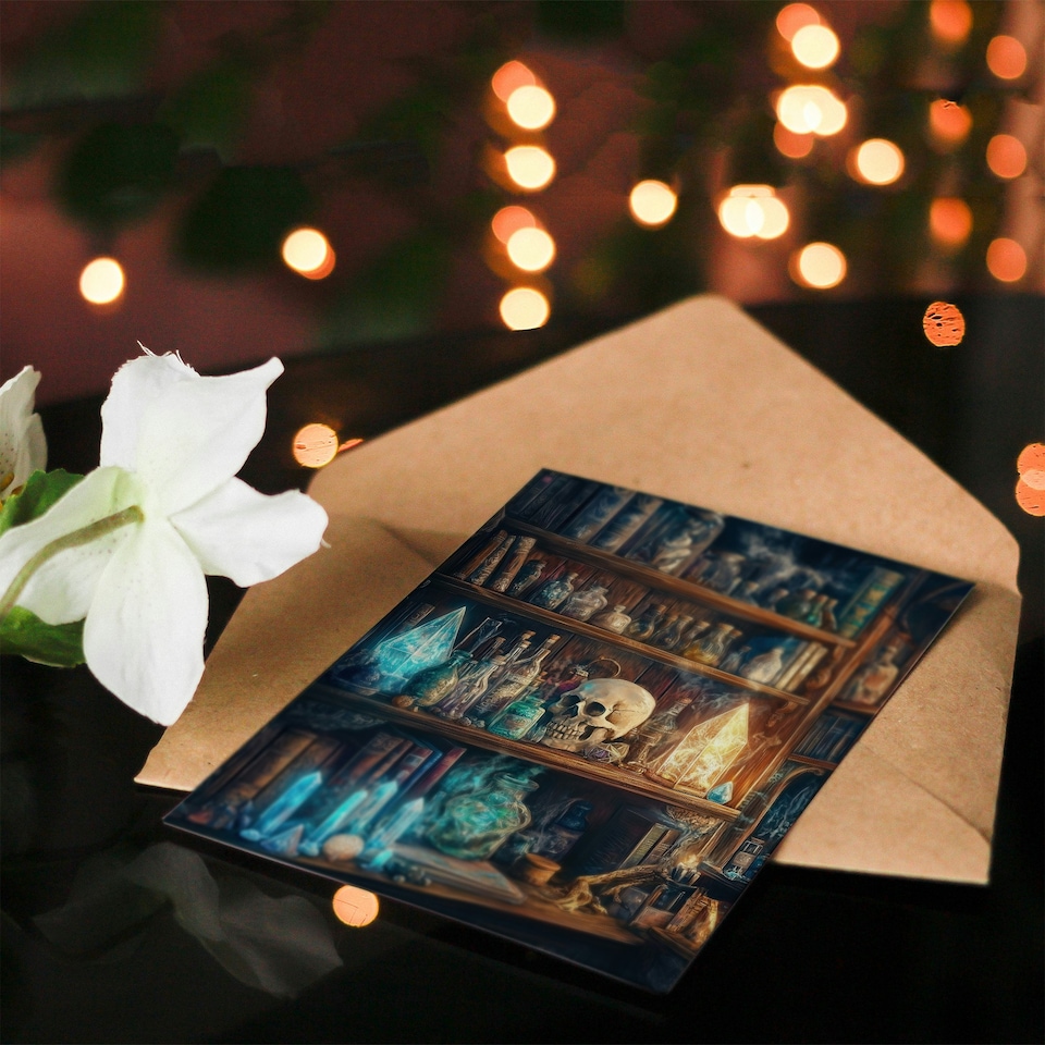 image 1 of Alchemist Bookshelf Skull Magic Crystals Potions Birthday Greeting Card