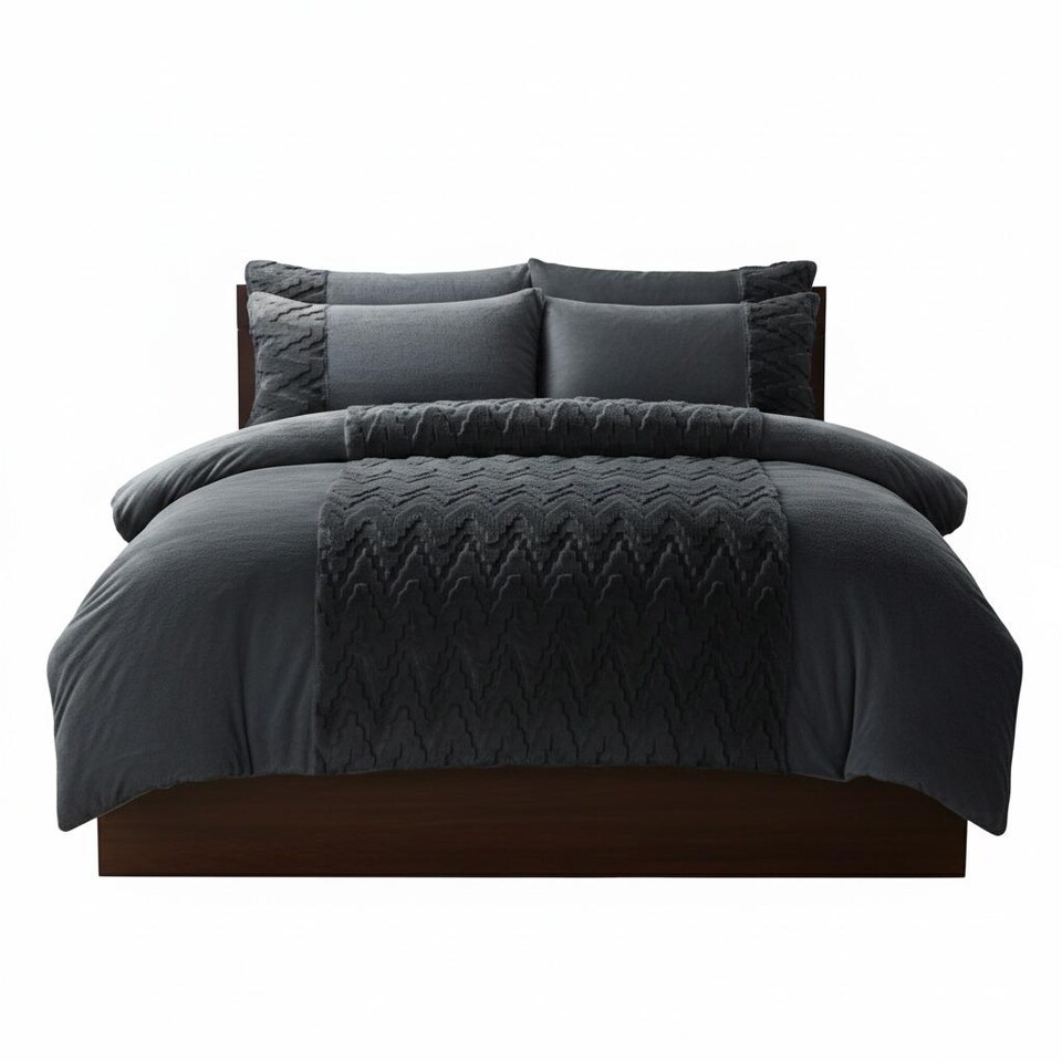 image 1 of Zig Zag 3D Teddy Duvet Cover Set Ultra Soft Teddy Fleece Bedding with Pillowcases | Grey | King