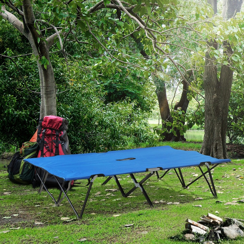 image 1 of Outsunny Double Camping Folding Cot Outdoor Portable Sleeping Bed, Blue