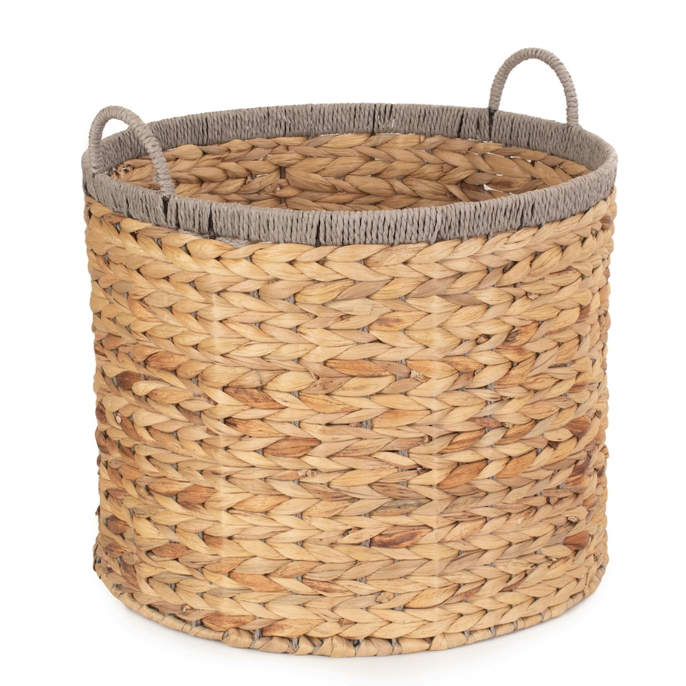 image 1 of Round Water Hyacinth Basket with Grey Rope Border Brown | Brown | L