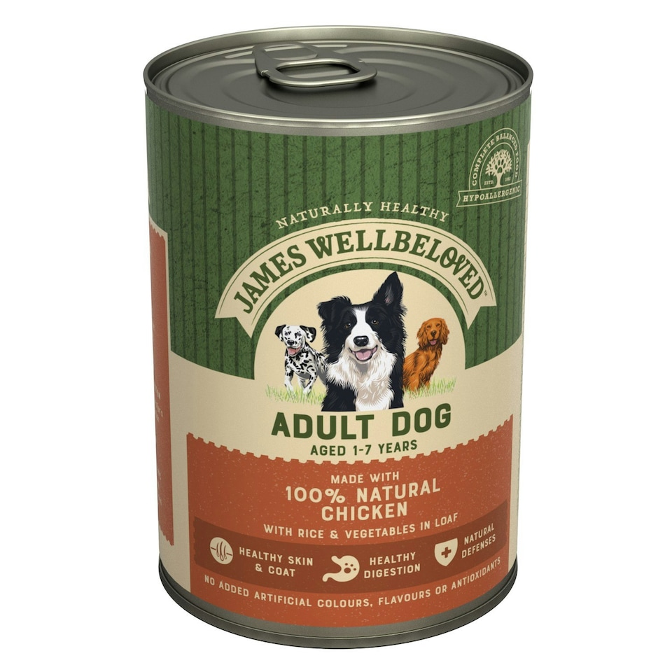 image 1 of James Wellbeloved Adult Wet Dog Food Tins Chicken & Rice In Loaf 12 x 400g