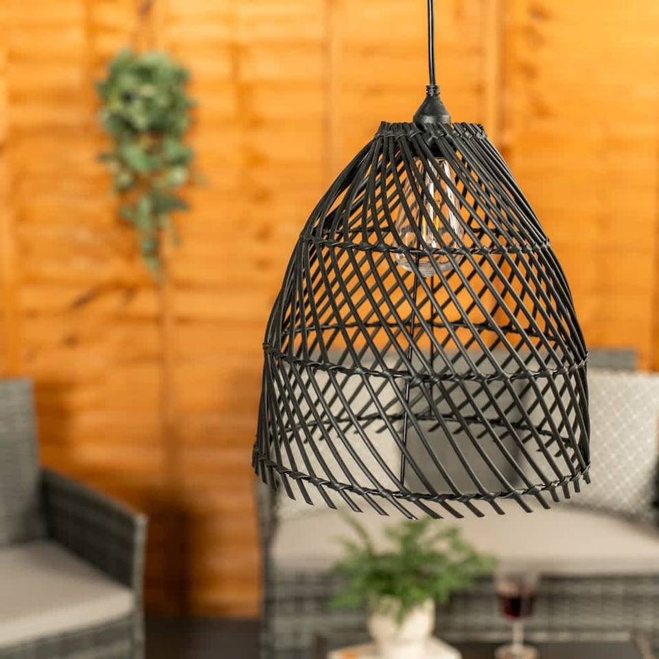 image 1 of ValueLights Battery Operated Outdoor Black Rattan Hanging Pendant Garden Light | Black