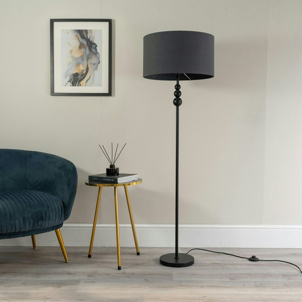 image 1 of ValueLights Marissa Charcoal Grey Fabric Drum Shade with Black Stacked Ball Floor Lamp with LED Bulb