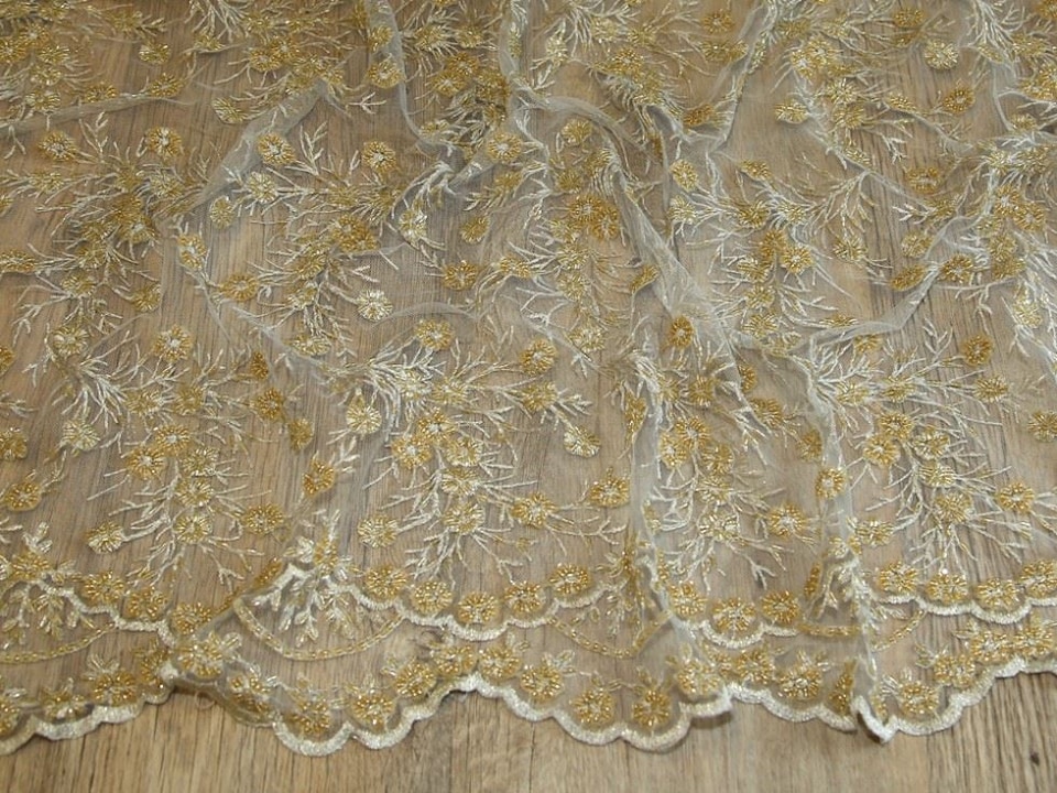 Gold Beaded Embroidered Tulle Lace Fabric for Bridal, Dressmaking, 137cm / 53" Wide - per metre