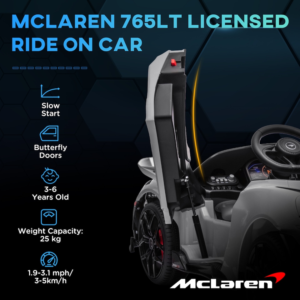 image 1 of AIYAPLAY McLaren 765LT Licensed Electric Car for Kids with Butterfly Doors, 12V Kids' Electric Ride on with Remote Control, Transport Wheels, LED Lights, MP3 Music, Horn, for 3-6 Years, Grey