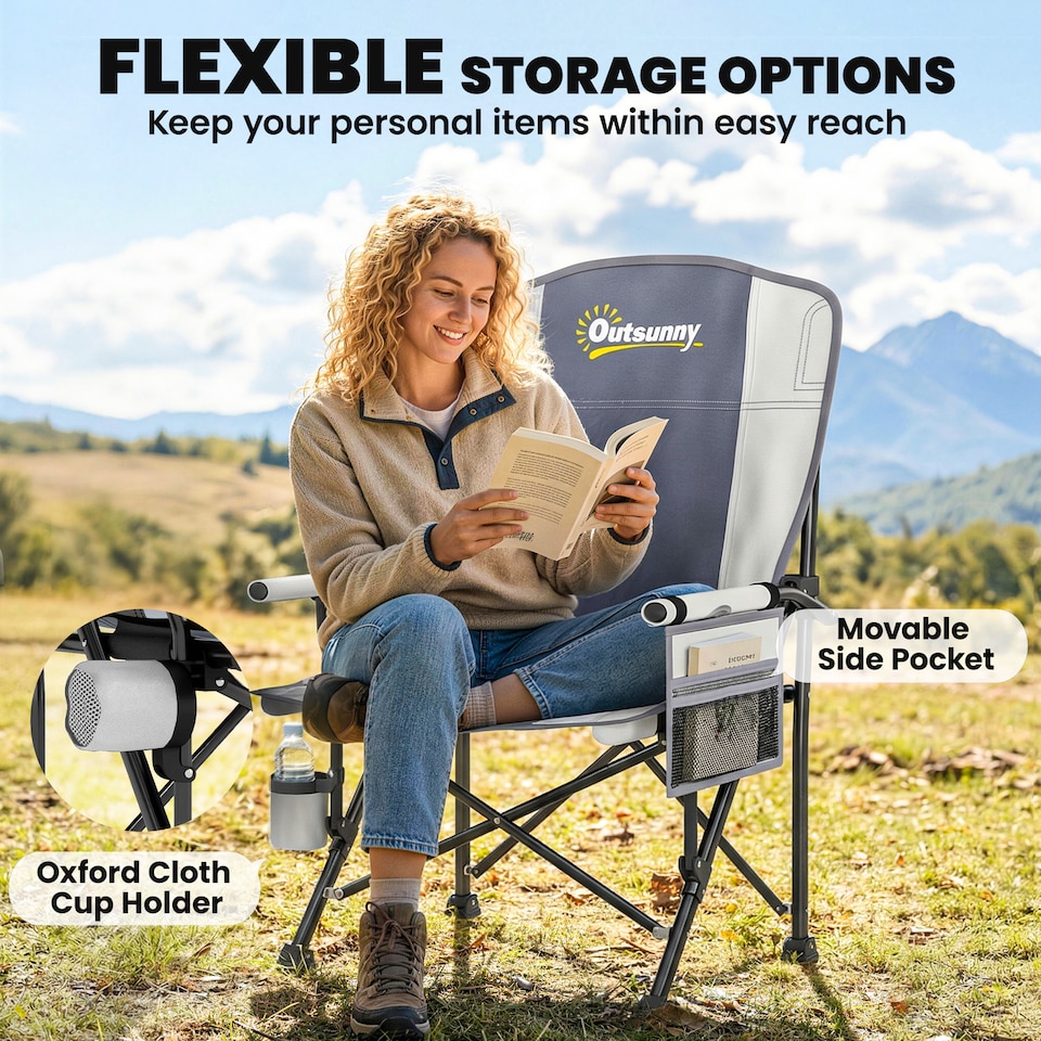 image 1 of Outsunny Sports Camping Chair Padded for Adults with Side Pocket Light Grey