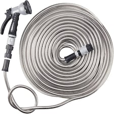 Easy Hose Stainless Steel Garden Water Hosepipe Rust Proof & Tangle Free with Hand Held Spray Nozzle (100ft) | Silver