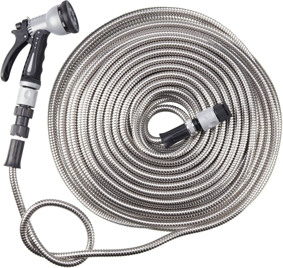 image 1 of Easy Hose Stainless Steel Garden Water Hosepipe Rust Proof & Tangle Free with Hand Held Spray Nozzle (100ft) | Silver