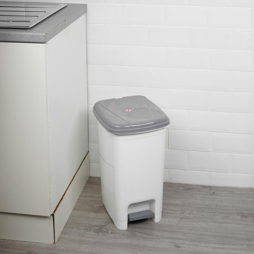 image 1 of Slim Pedal Waste Recycling Bin Can Insert Step On Lid Kitchen Bathroom | White | 25L White