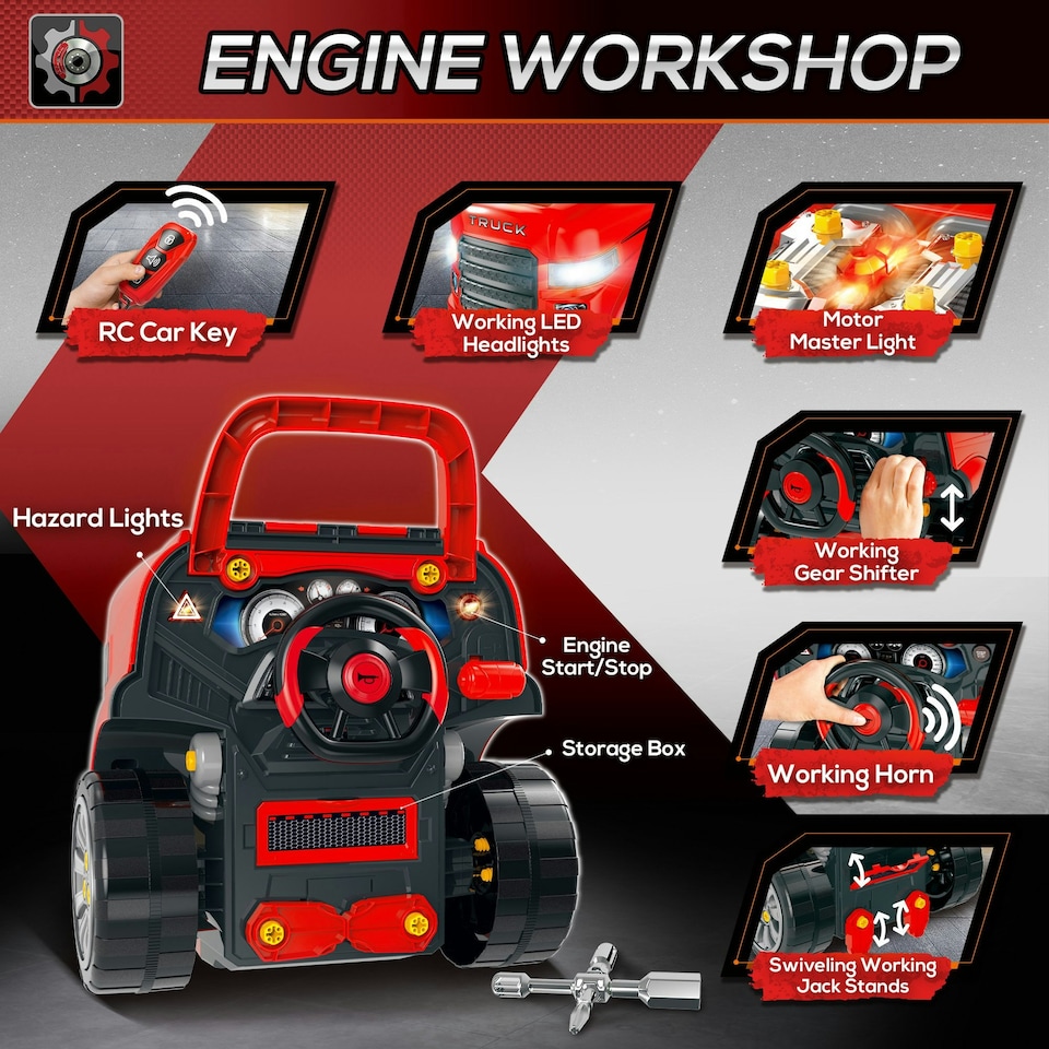 image 1 of HOMCOM Kids Truck Engine Toy Set w/ Horn, Light, Car Key for 3-5 Years Old Red