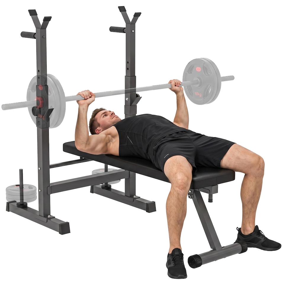 image 1 of HOMCOM Adjustable Weight Bench with Barbell Rack, Dip Station, Grey