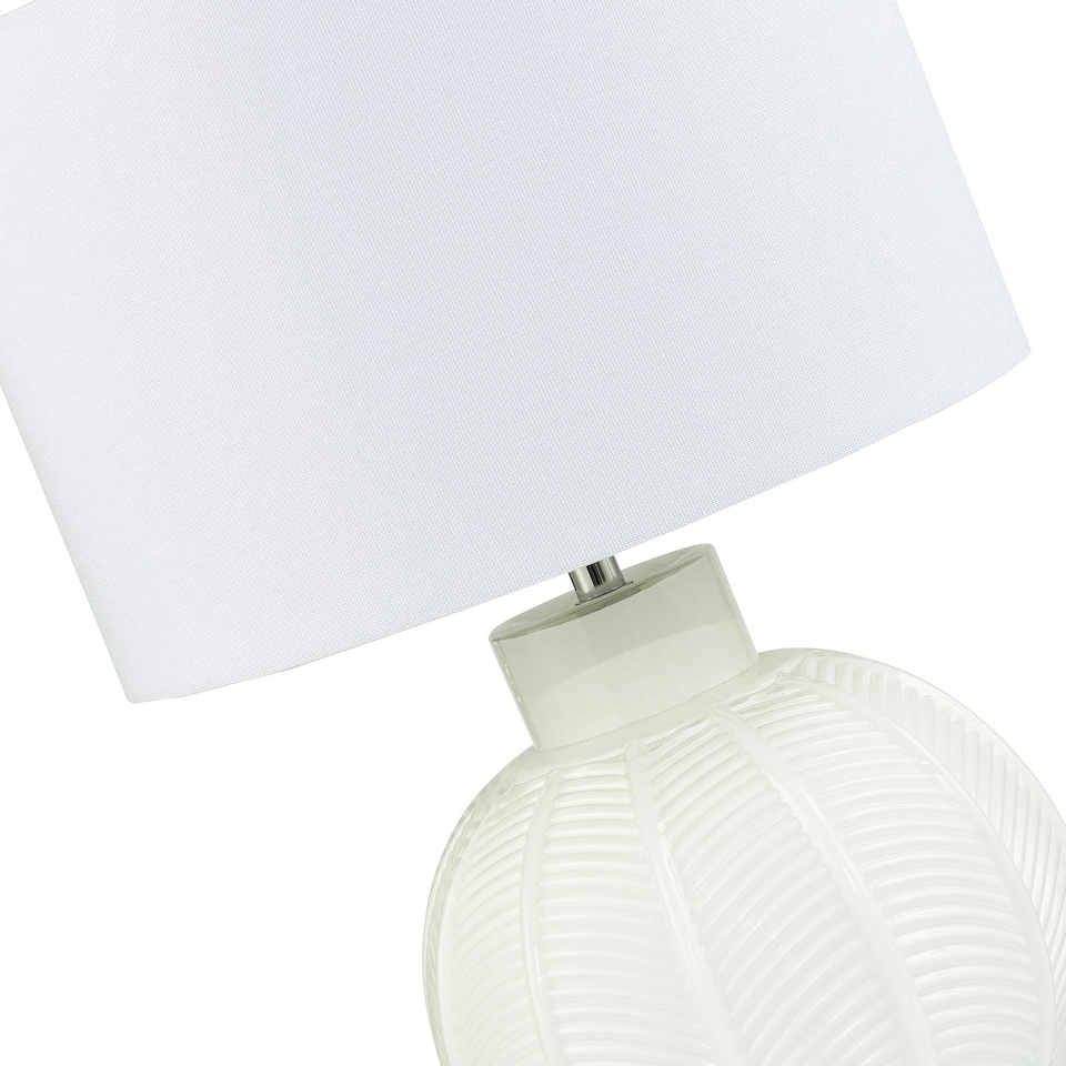 image 1 of Contemporary Opal White Glass Table Lamp in Leaf Design and Ivory White Shade