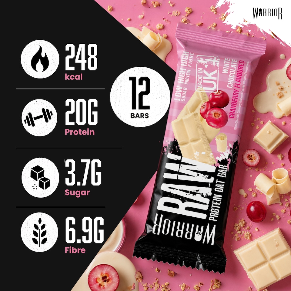 image 1 of Warrior RAW Protein Bars 12 x 75g – 20g High Protein Bar, Low Sugar High Fibre Oat Protein Flapjack – Protein Snacks, Meal Replacement Bars (White Chocolate Cranberry)
