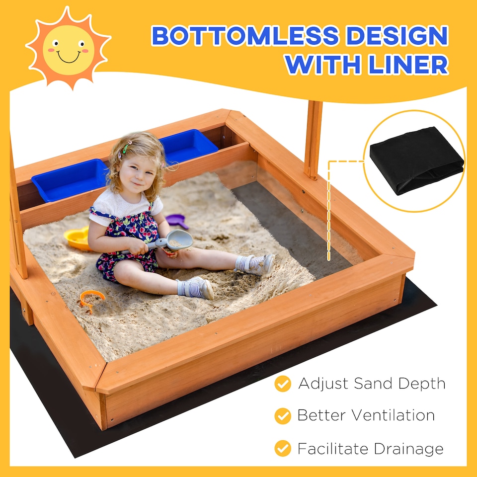 image 1 of Outsunny Kids Wooden Sandbox Sand Pit Height Adjustable with Canopy Basins