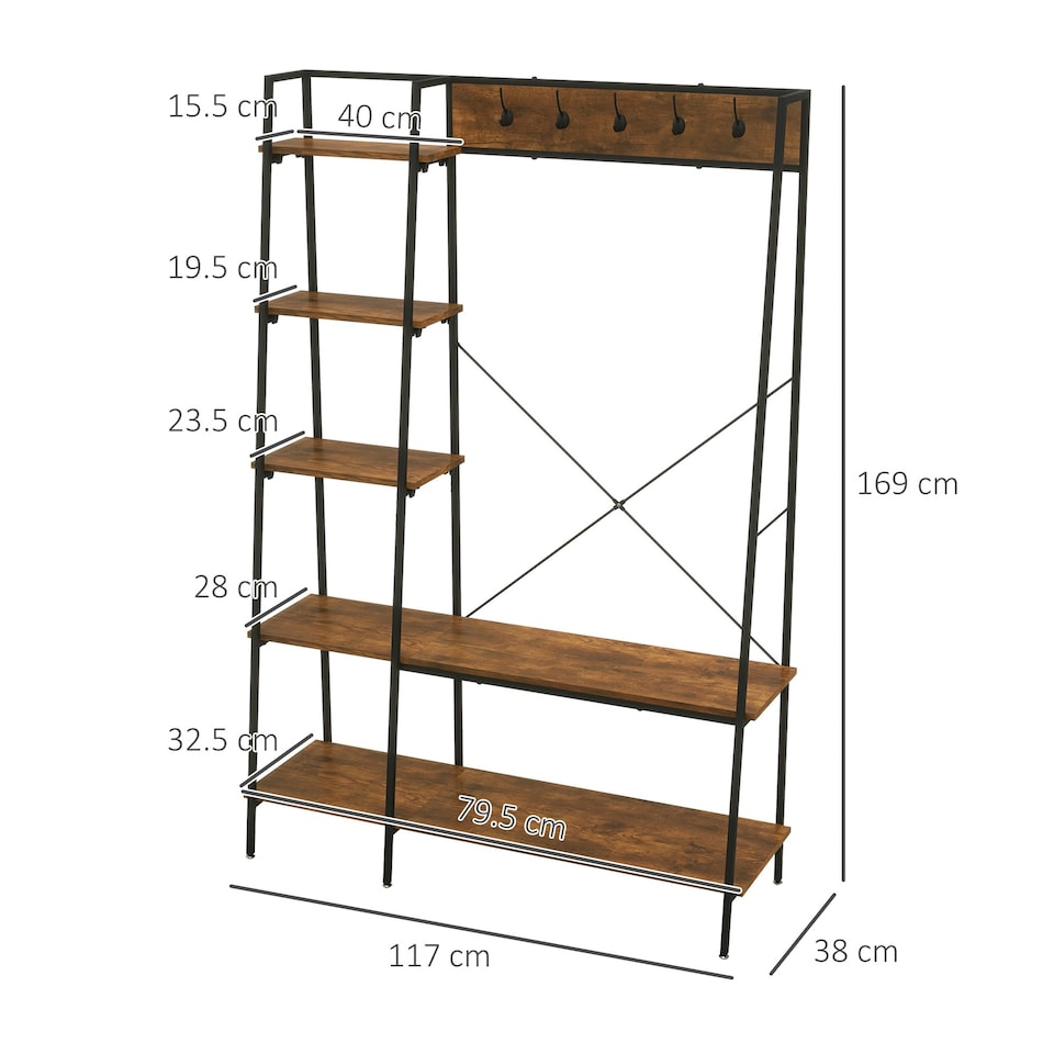 image 1 of HOMCOM Coat Rack, Coat Stand with Shoe Storage, 5 Hooks Brown