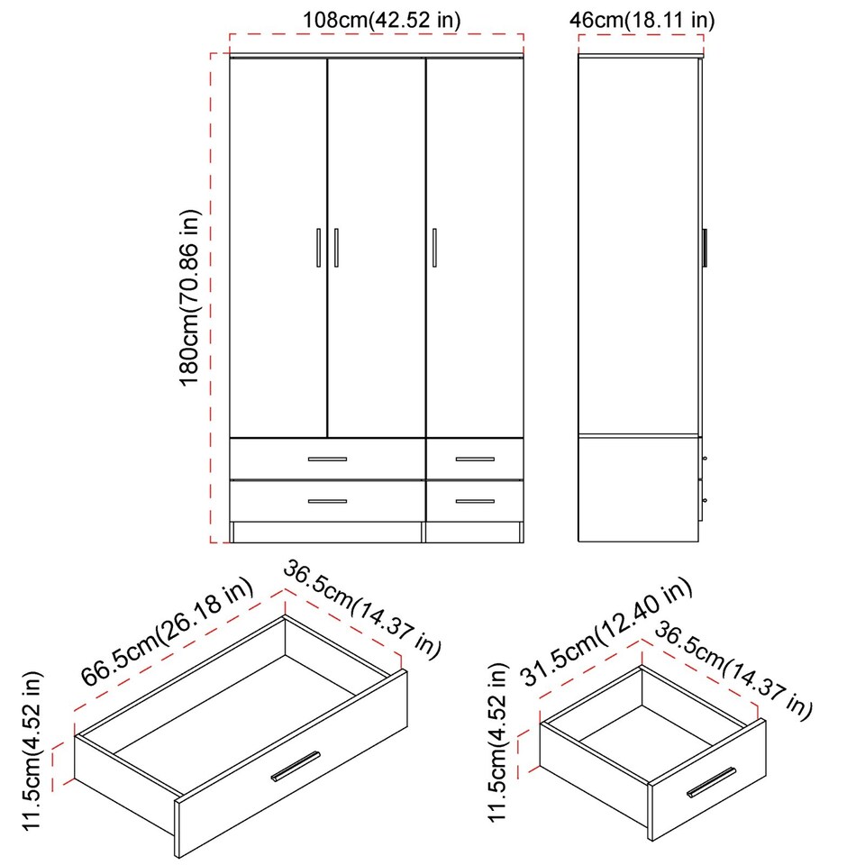 image 1 of 3 Door 4 Drawer Wardrobe With Hanging Rail And Storage Shelf | Brown | Oak Carcass & Grey Door | 1