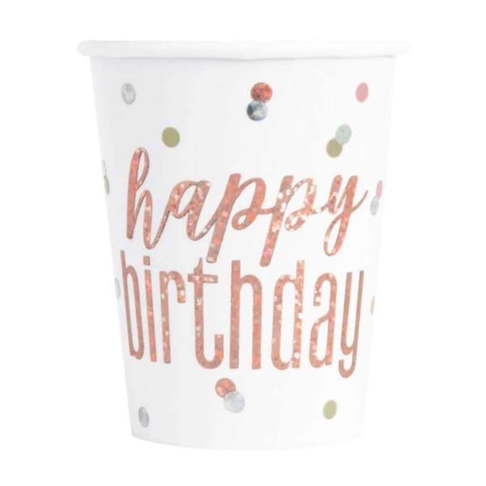 image 1 of Pack of 8 Birthday Glitz Rose Gold Prismatic Foil 9oz Paper Cups