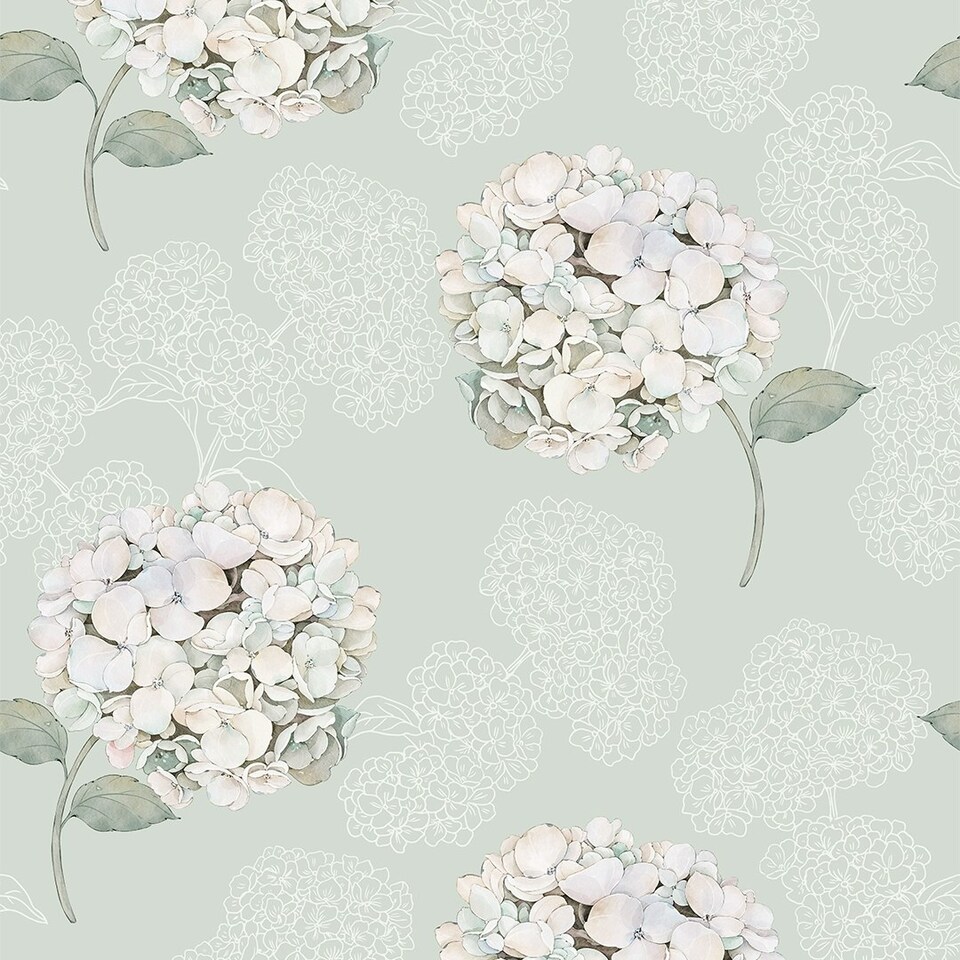 image 1 of Hydrangea Harmony Wallpaper in Sage Green Multi